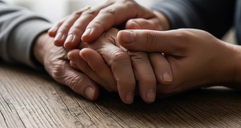 Mãos entrelaçadas de duas pessoas em gesto de acolhimento e apoio, simbolizando a assistência espiritual em cuidados paliativos