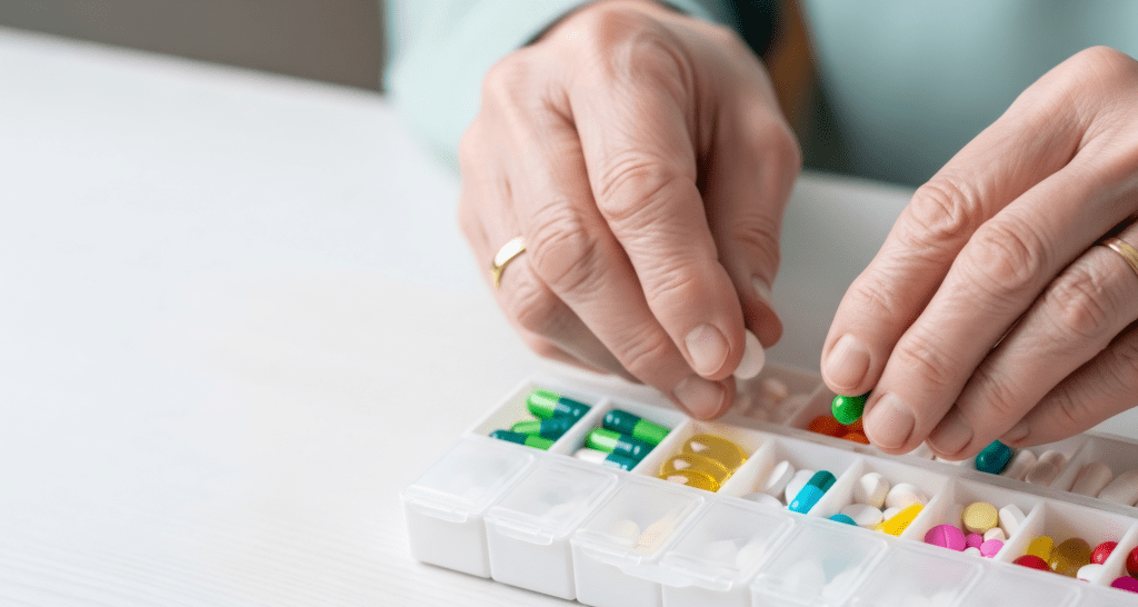 Pessoa organizando diversos medicamentos em uma caixa de comprimidos, representando a polifarmácia e o uso de múltiplos medicamentos.